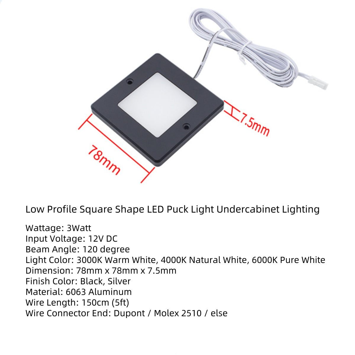 Low Profile Square Shape LED Under Cabinet Light, Surface Mounting 2W LED Puck Light with Dupont Interface Wire