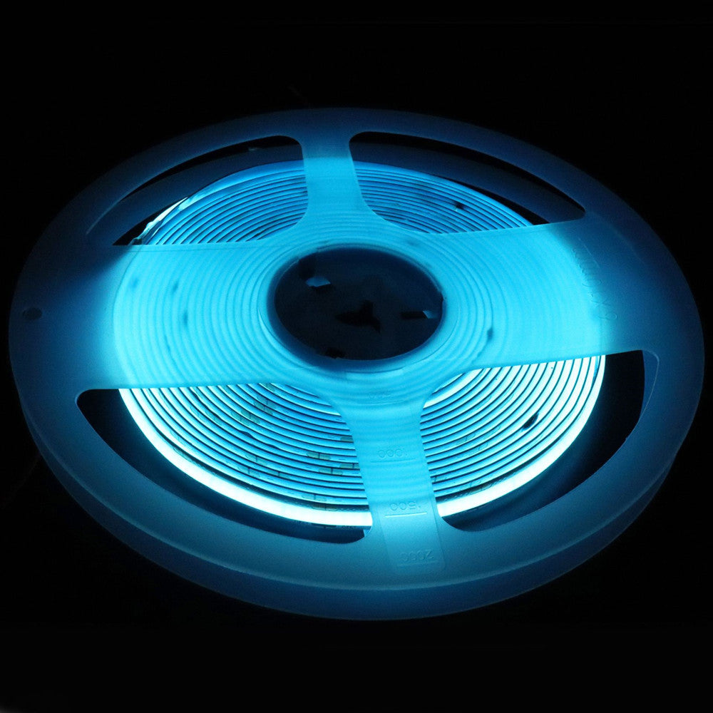 16.4FT (5Meters) Roll of Icy Blue Color COB LED Flex Strip Spot Free in 24V with 512 LEDs 14Watt per Meter Flexible LED Tape 10mm Wide PCB Non-waterproof