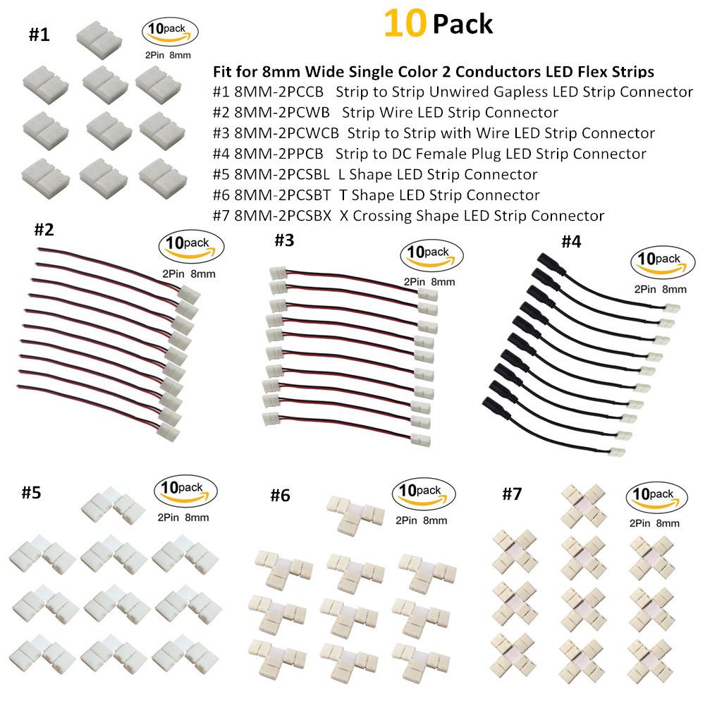 10pcs/Pack Solderless Snap Down 2Conductor LED Strip Connectors for 8mm Wide  2835 Single Color Flex LED Strips