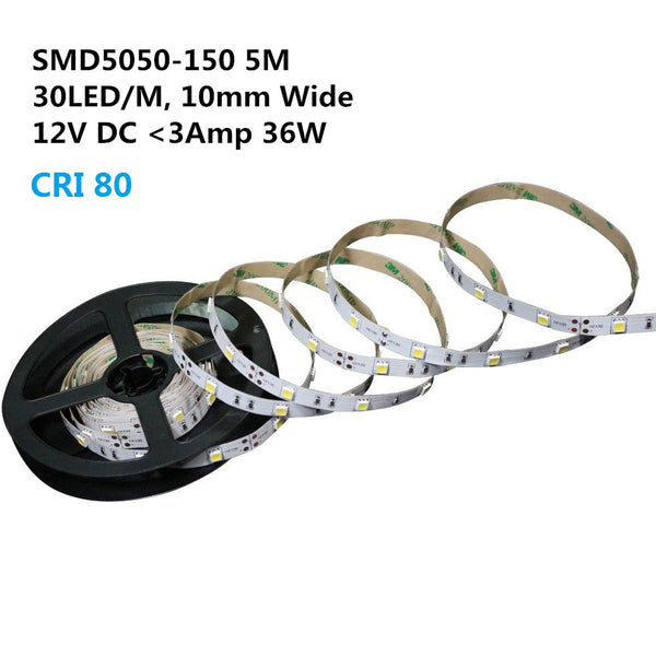 12V Dimmable SMD5050-150 Flexible LED Strips 30 LEDs Per Meter 10mm Width 450lm Per Meter