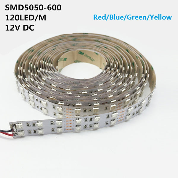 DC 12V Red/Blue/Green/Yellow Dimmable SMD5050-600 Double Row Flexible LED Strips 120 LEDs Per Meter 15mm Width 1800lm Per Meter