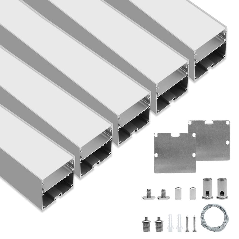Bingotec 5pcs - Pack 3.3ft Aluminum LED Channel, 50×50mm, Anodized, Extruded Aluminum Profile, with Milky White Cover, Silver Housing Aluminum Track, fit for < 38mm Width LED Strip Light Installation