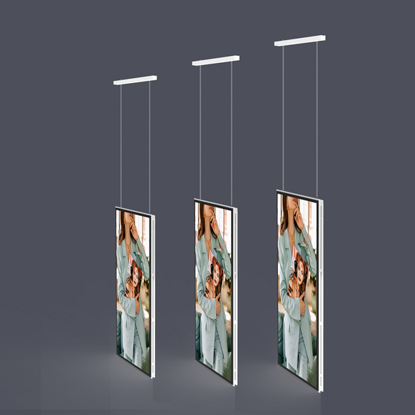 43" Hanging Double-Sided Window Facing High Brightness LCD Display  with 700cd/m² + 2,500cd/m² Brightness Portrait Screen in 1080x1920 Resolution