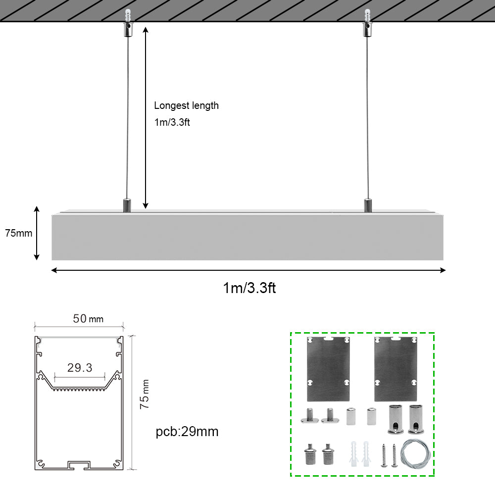 2 Pack H5075 Big Aluminum Extrusion Channel for Suspension Mounting Linear Office Lighting System