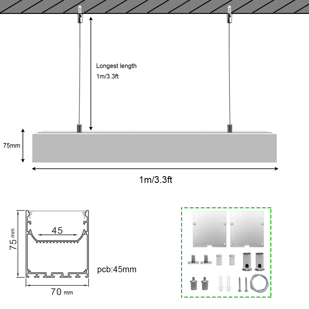 5 Pack H7075 Big Aluminum Extrusion Channel for Suspension Mounting Linear Office Lighting System