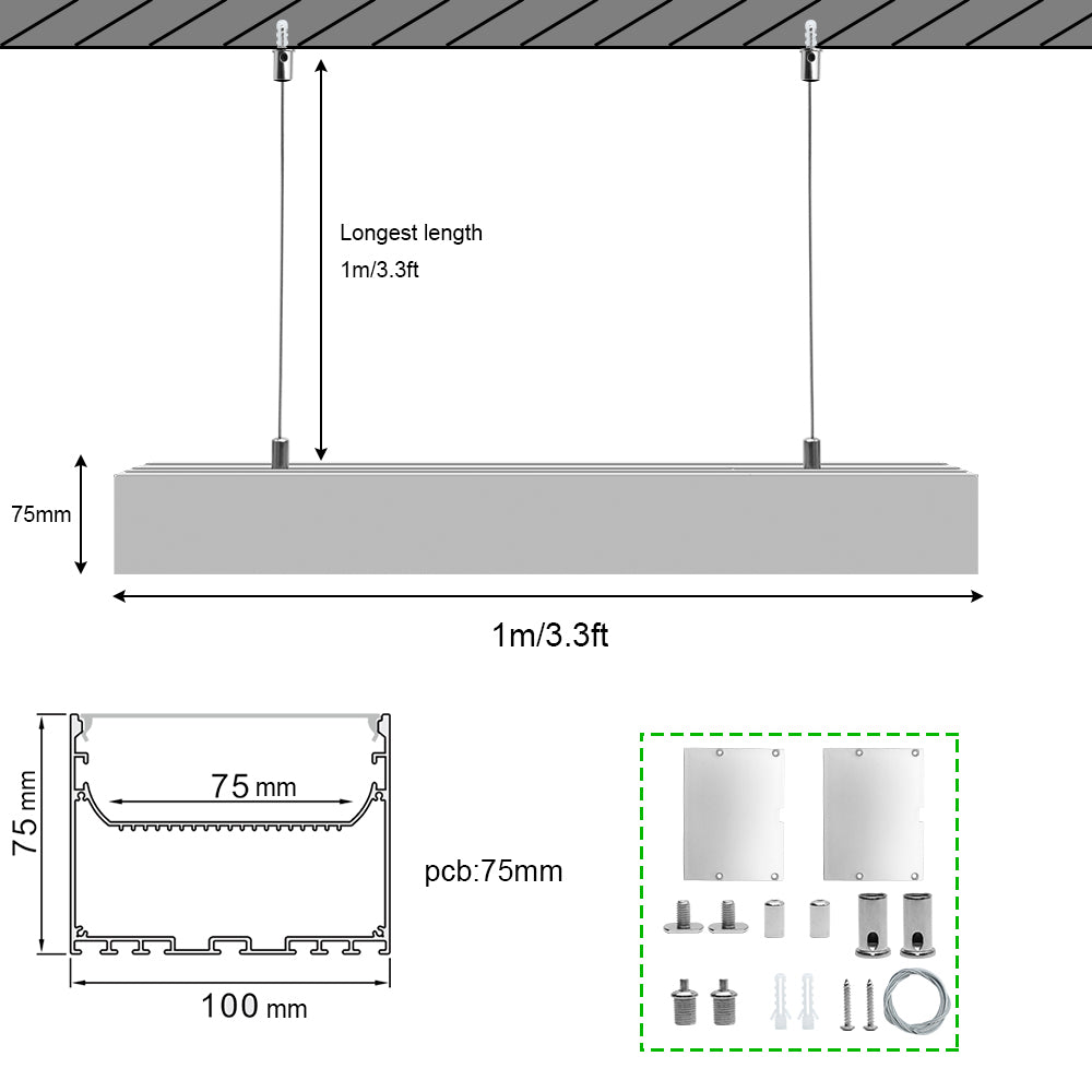 2 Pack H10075 Big Aluminum Extrusion Channel for Suspension Mounting Linear Office Lighting System