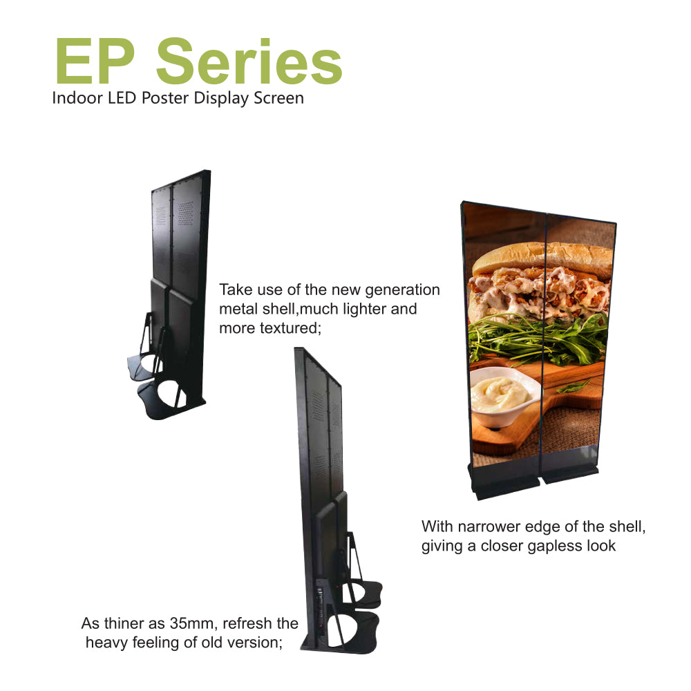 2PCS-PACK EP Series P1.25 | P1.53 | P1.86 | P2.5 Indoor LED Poster Display w/ Acrylic Protective Cover Front Surface with 640x1920mm Display Area