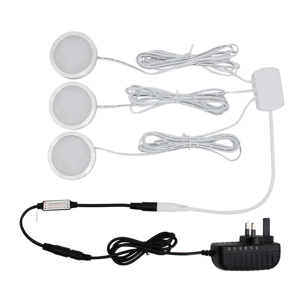 A-Series 3 Pack (3*2W) Dimmable CRI 90 Ultra Thin LED Under Cabinet Puck Lights With Dimmer & Power Adapter, All Accessories Included