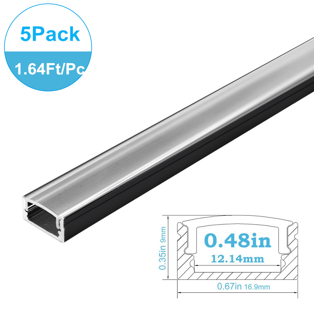 5Pack of 50cm (20'') LED Profile U02 9x17mm U-Shap LED Aluminum Channel System Fit for 12mm Wide LED Strips