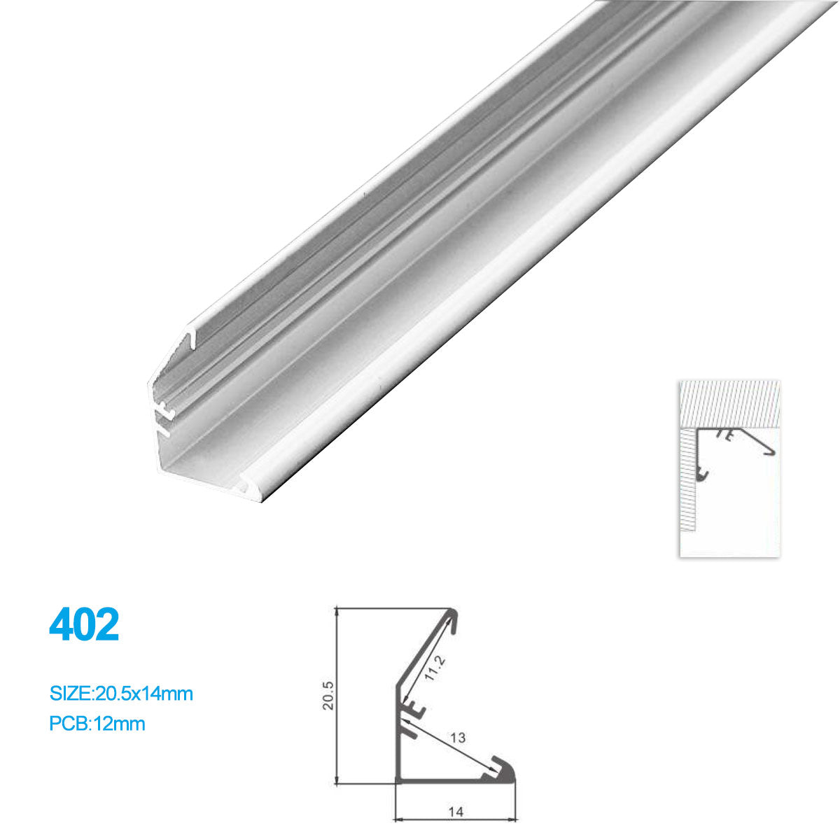 20.5*14MM Counter Lighting Aluminum Profile with Reflector Construction for LED strip lighting installation