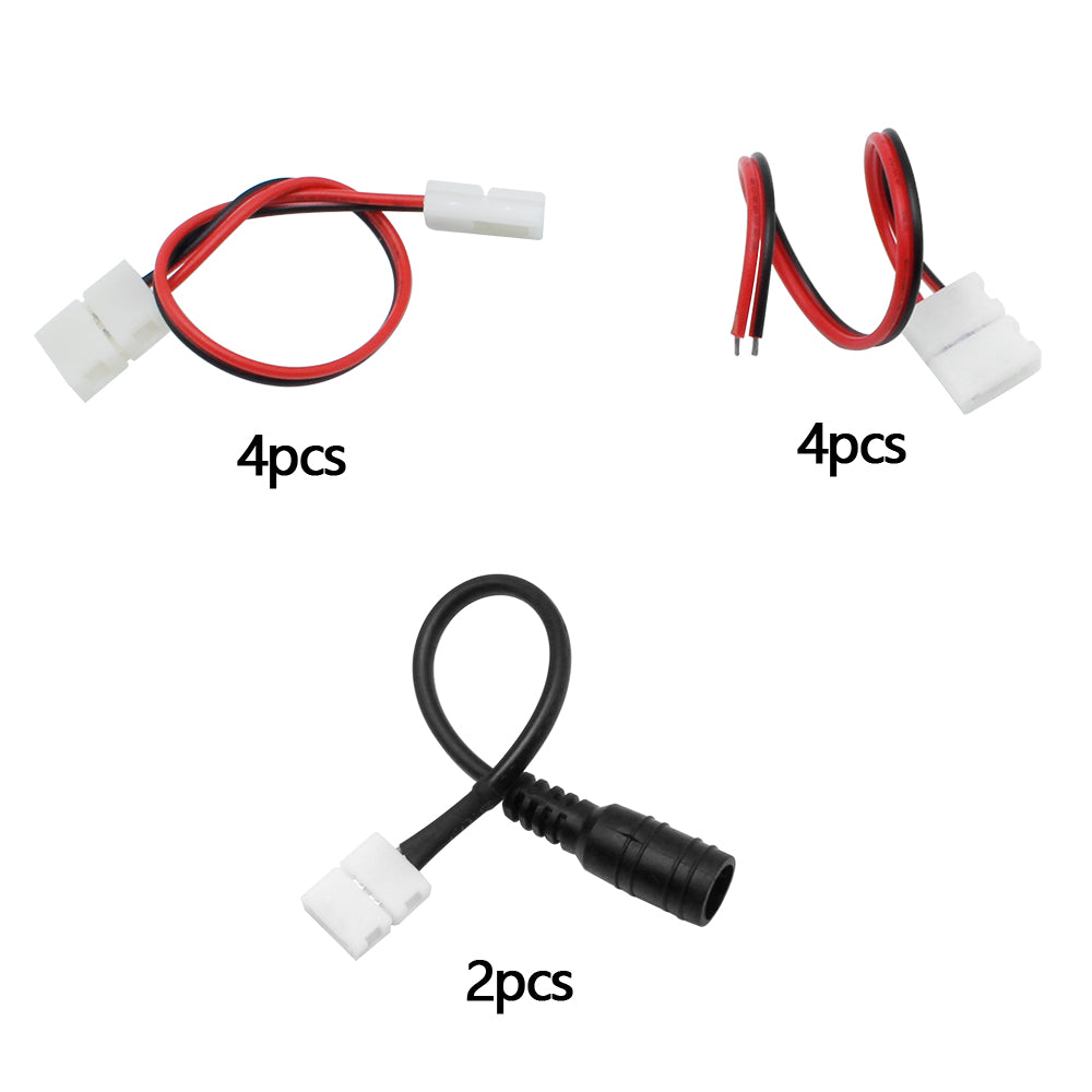 LED Strip Connector Kit for 2835/3528/5050 2Pin Single Color Strip Light, Includes 4 X 2 Pin 10mm Strip to Wire Jumper, 4 X 2Pin 10mm Strip to Strip Jumper, 2 X 2 Pin 10mm Strip to DC Cable Jumper