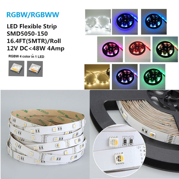 DC 12V RGBW/RGBWW LED Strip Light, 16.4FT/5M SMD5050-150, 30LEDs 9.6W –  LEDLightsWorld