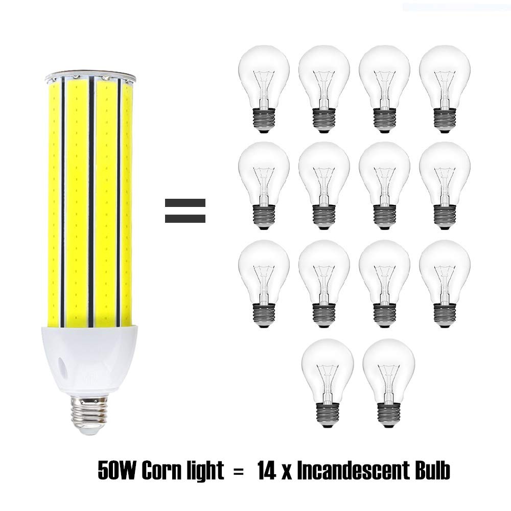 LED Corn Light Bulb 50W, Daylight White 5500K, 4500Lumens, E26/E27 Base, COB LED Chips (210Pcs), for Indoor Outdoor Garage Factory Warehouse