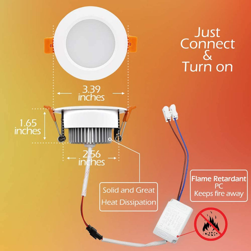 2 Inch LED Downlight, 3W Recessed Lighting COB Dimmable, 3000K Warm White,  CRI80, LED Ceiling Lights with LED Driver, 6 Pack