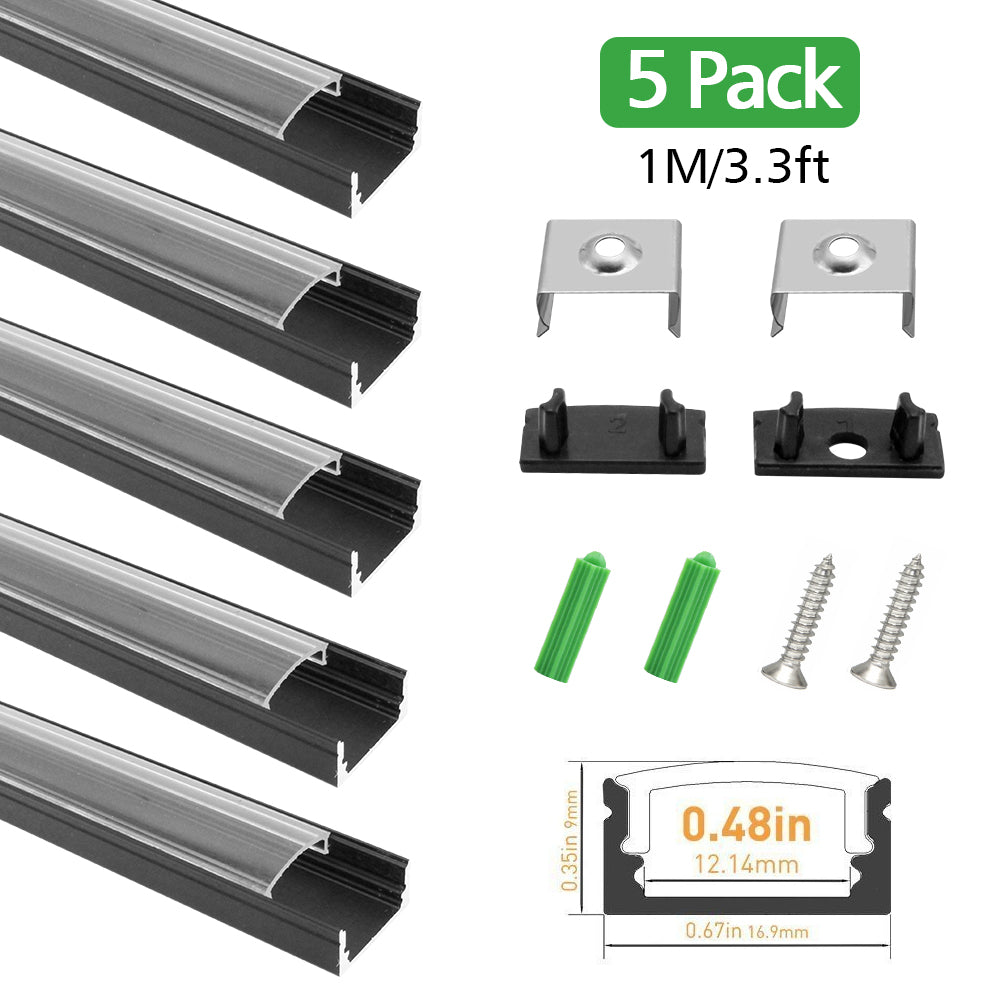 5Pack of 50cm (20'') LED Profile U02 9x17mm U-Shap LED Aluminum Channel System Fit for 12mm Wide LED Strips