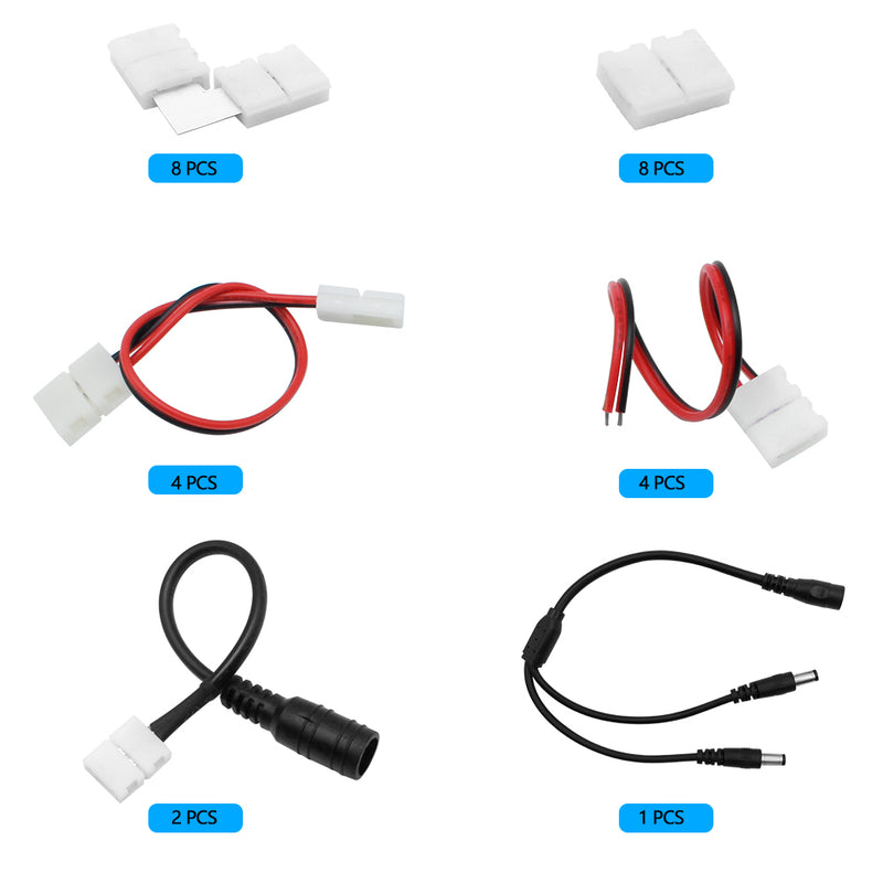 LED Strip Connector Kit for 2Pin 8/10MM, Includes 6 Different Kinds of Connectors, Cover Most of The Needs in LED Strip Light DIY Connecting Project