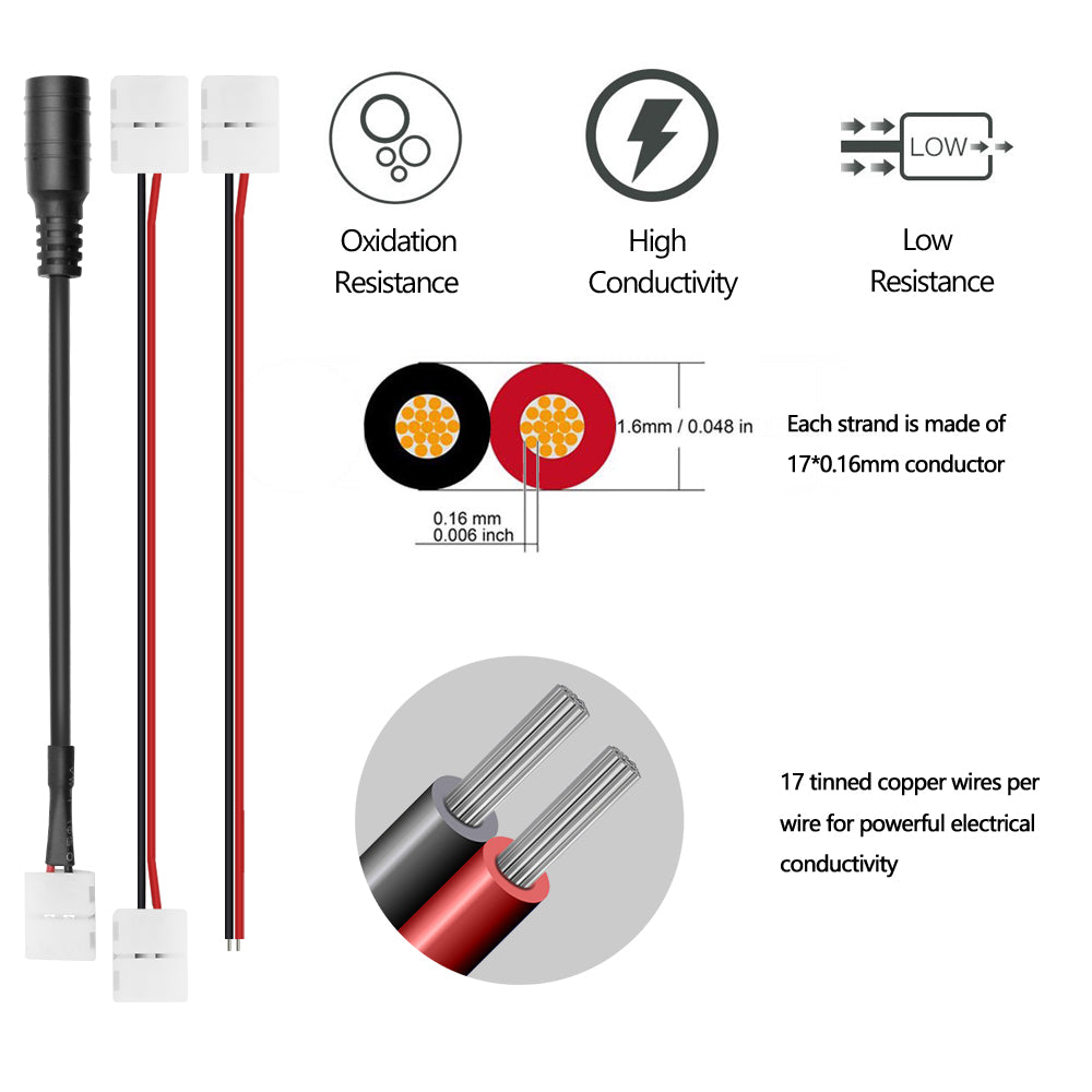 LED Strip Connector Kit for 2835/3528/5050 2Pin Single Color Strip Light, Includes 4 X 2 Pin 10mm Strip to Wire Jumper, 4 X 2Pin 10mm Strip to Strip Jumper, 2 X 2 Pin 10mm Strip to DC Cable Jumper