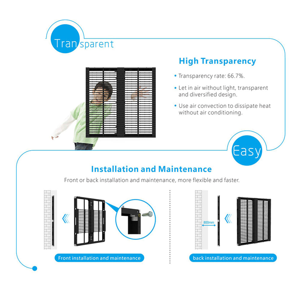 oClear Pro Series Outdoor Waterpoof P15.6/15.6mm Transparent LED Mesh Display High Brightness 6800nits in Size 1000x1000mm Aluminum Cabinet for Fixed Installation