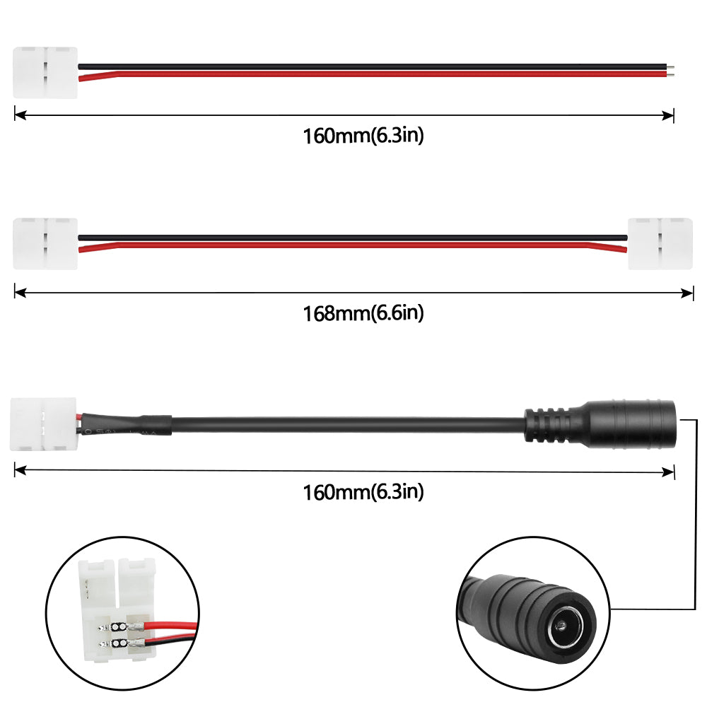 LED Strip Connector Kit for 2835/3528/5050 2Pin Single Color Strip Light, Includes 4 X 2 Pin 10mm Strip to Wire Jumper, 4 X 2Pin 10mm Strip to Strip Jumper, 2 X 2 Pin 10mm Strip to DC Cable Jumper
