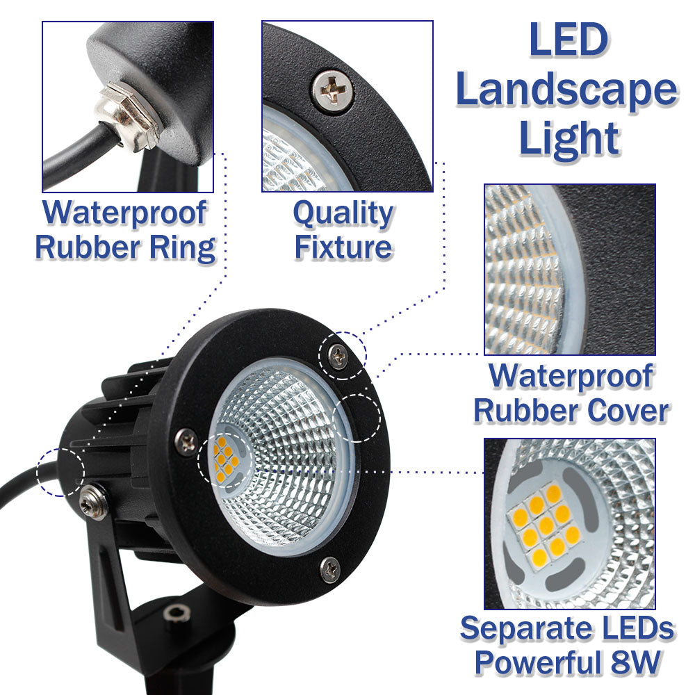 6 Pack 8W Warm White LED Landscape Lights 12V Waterproof Garden Pathway Lights Outdoor Spotlights