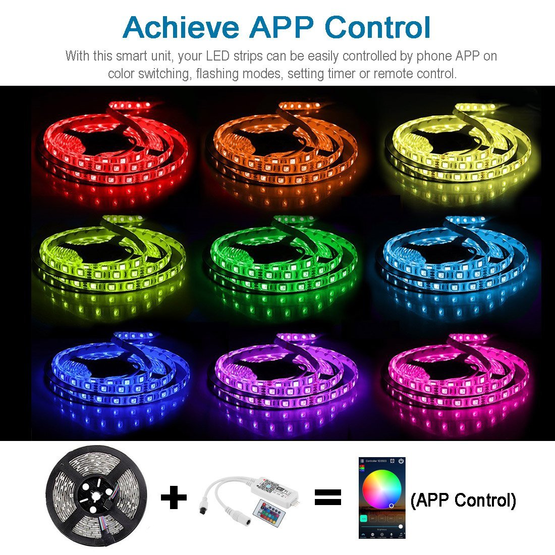 16.4ft（5Mtrs) 300LED SMD5050 RGB LED Light Strip Kit Music Sync, IR Remote, WiFi APP Controlled, Alexa Compatible