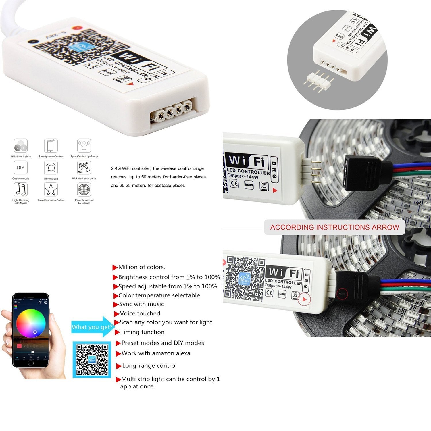 16.4ft（5Mtrs) 300LED SMD5050 RGB LED Light Strip Kit Music Sync, IR Remote, WiFi APP Controlled, Alexa Compatible