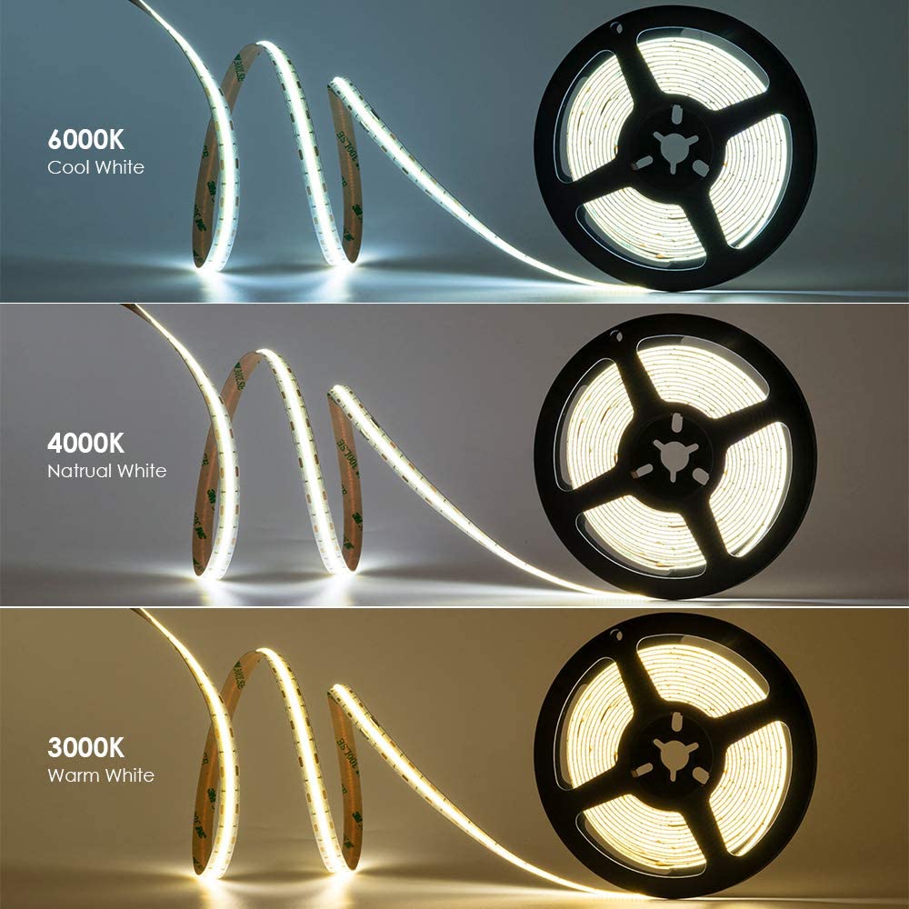 FCOB LED Strip 16.4FT/5M CRI90 480LEDs/m 12W/m 24V Dimmable LED Light Ribbon Indoor Use