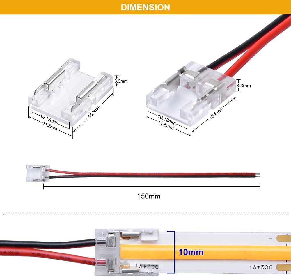 10PCS PACK COB LED Strip Connectors Solderless Snap Down 2 Conductors Connectors for 8mm 10mm Wide COB Flex LED Strips