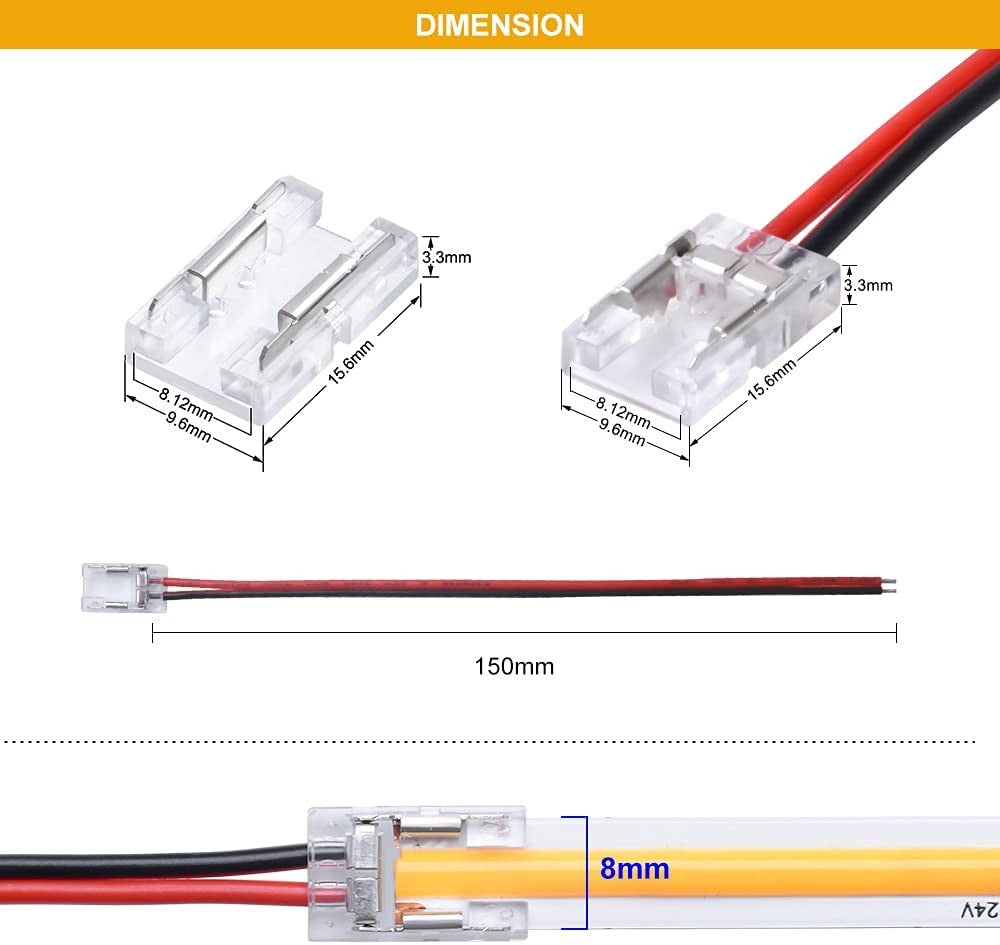 10PCS PACK COB LED Strip Connectors Solderless Snap Down 2 Conductors Connectors for 8mm 10mm Wide COB Flex LED Strips