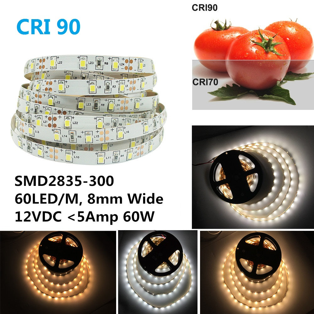 High CRI 90 LED Strips,  Flexible 5M LED Strips, SMD2835-300 60 LEDs 1000LM Per Meter 8mm Wide Tape