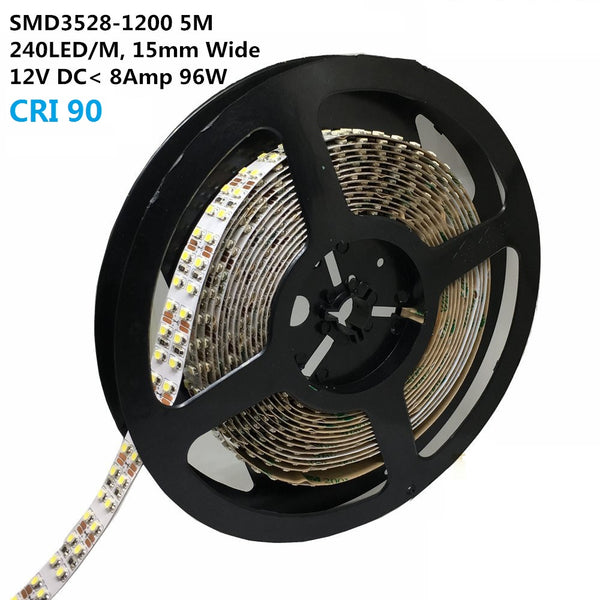High CRI90 LED Light Strip, SMD3528-1200 240 LEDs 1200LM Per Meter, Double Row Flexible LED Strips, 15mm Wide 12V Tape