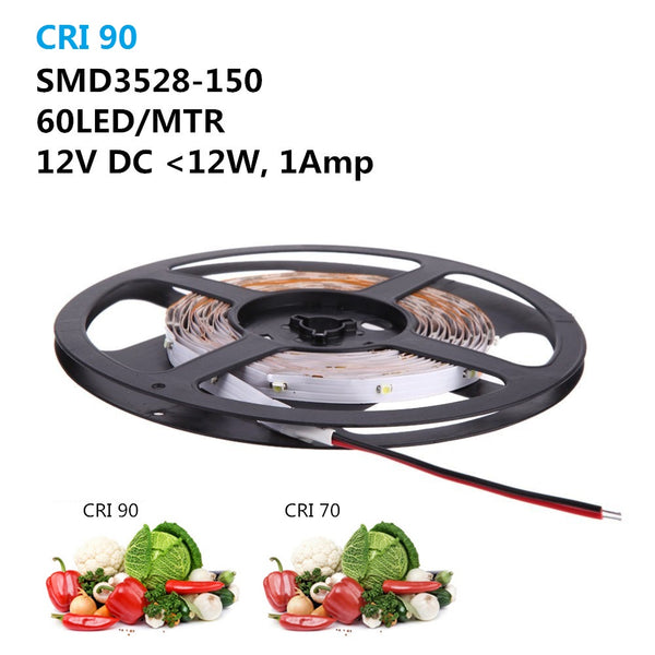High CRI90 Flexible LED Strips,  DC 12V 5Meter Roll Strip, SMD3528-150 30 150LM LEDs Per Meter, 8mm Wide Tape