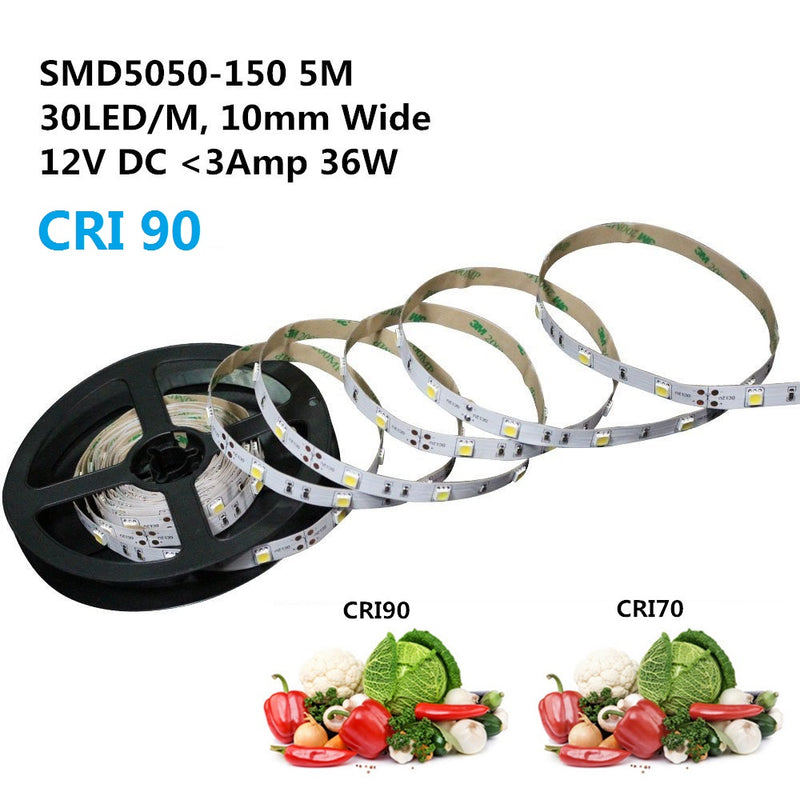 High CRI 90 LED strip, 5Meter Roll SMD5050-150 30 LEDs 450lm Per Meter 12V LED Strip Light,10mm Wide Tape