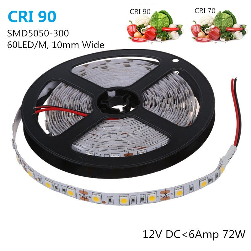 High CRI 90 LED Strip Lights, 5Meters (16.4ft) SMD5050-300, 60 LEDs 900LM Per Meter, DC 12V Dimmable Flexible LED Strips,10mm Wide Tape