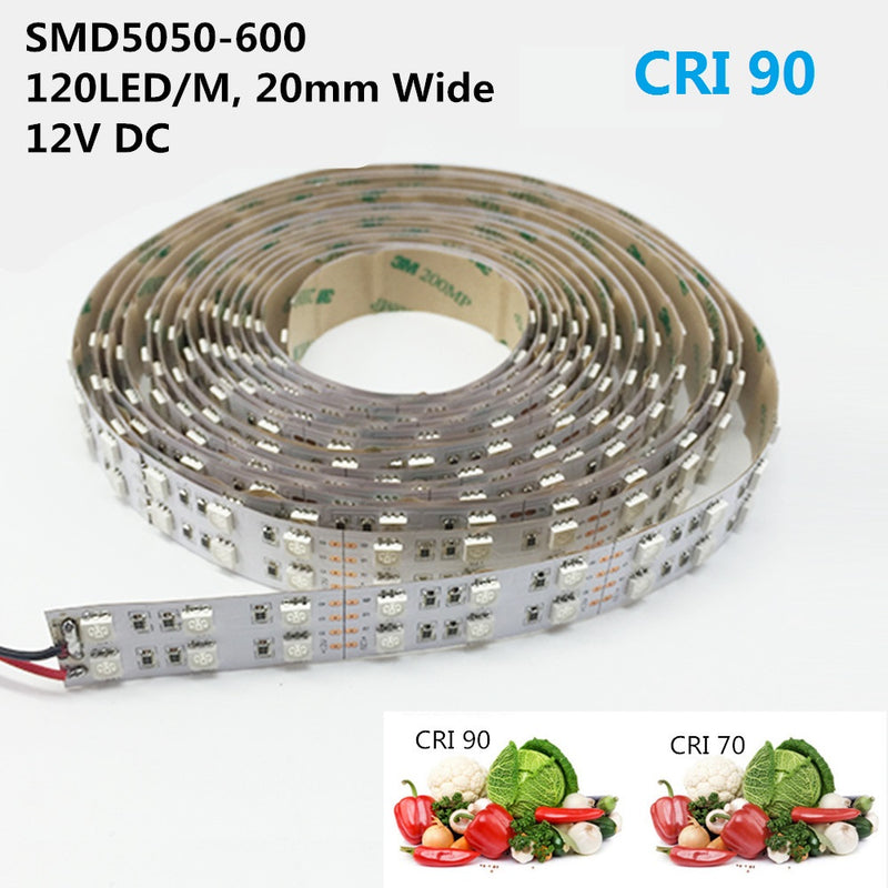 High CRI 90 LED light strip, 12V Dimmable SMD5050-600 Double Row Flexible LED Strips, 120 LEDs 1800LM Per Meter, 15mm Width Tape