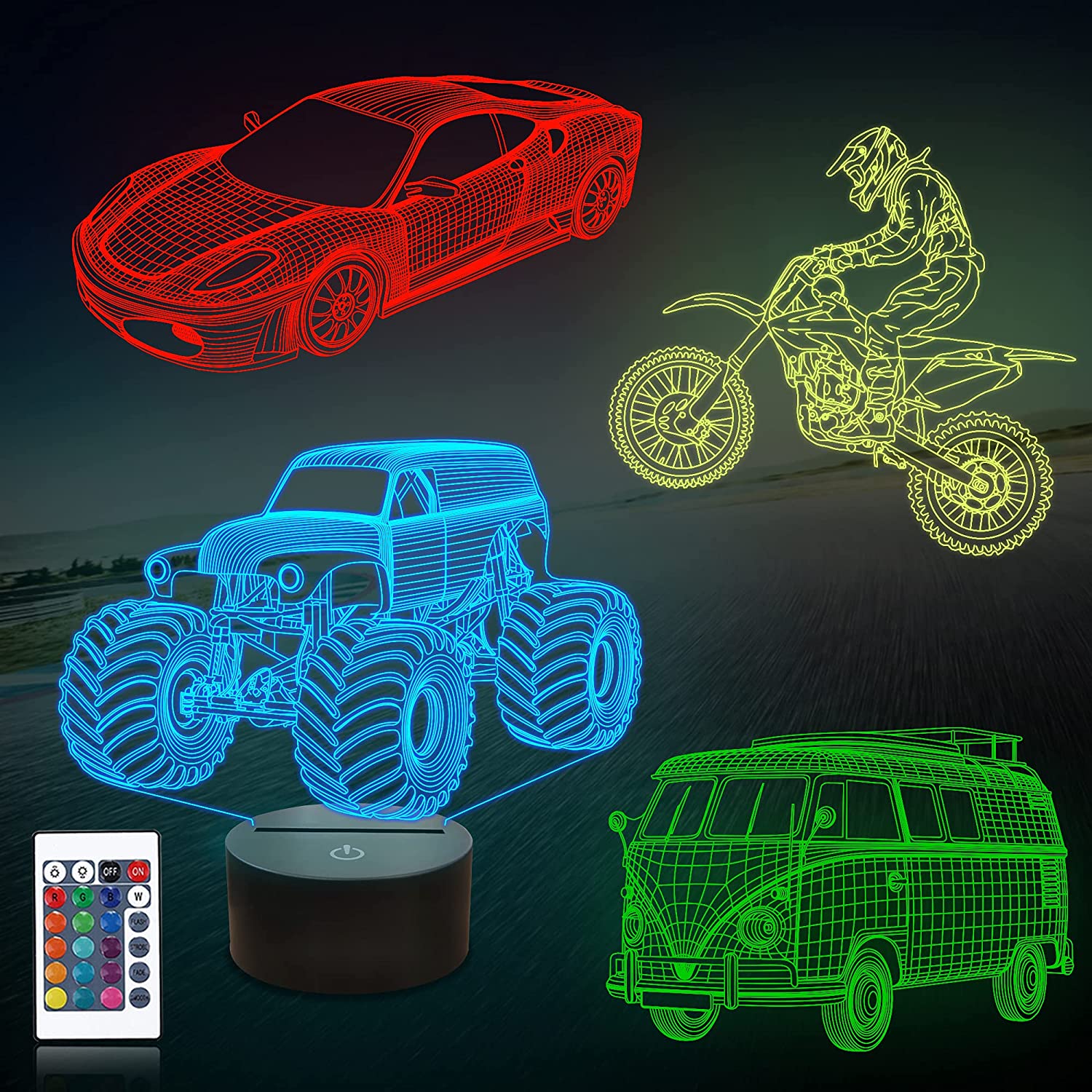 Transportation Images 3D Illusion LED Night Light w/  16 Colors Remote Touch Switch Adjustable Brightness for Kids Bedroom Decoration