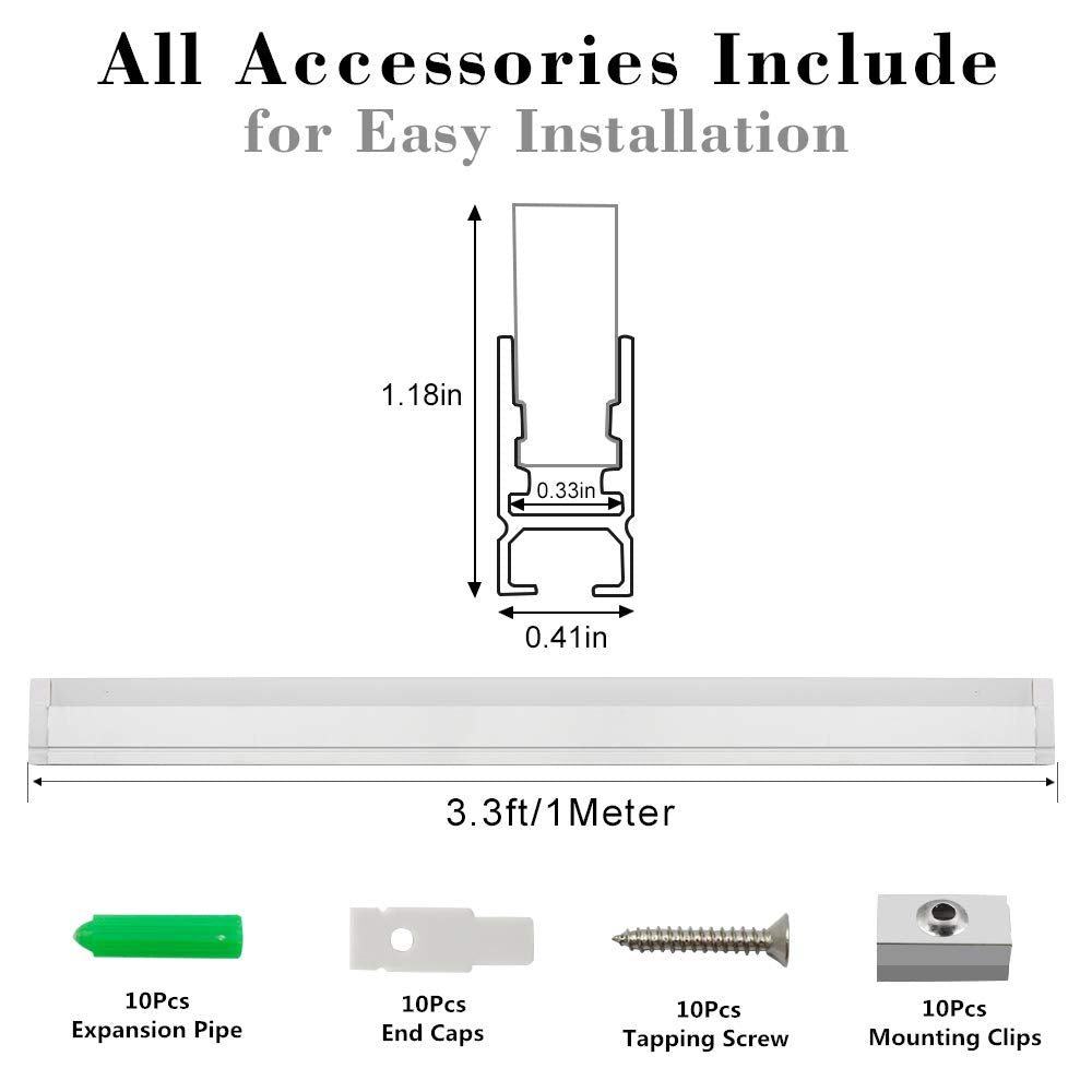 5Pack 3.3FT/1M Crystal Aluminum Channel w/ Acrylic Frosted Covers for LED Strip Lights Installation