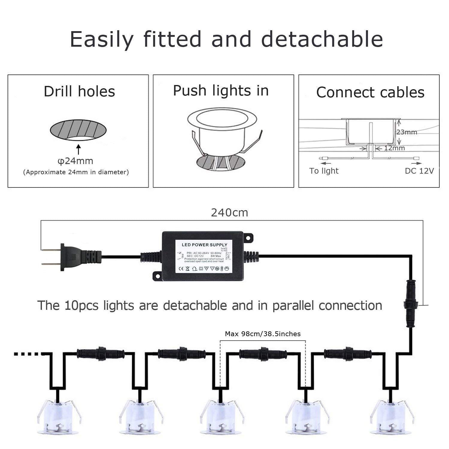 10 Pack Outdoor Recessed LED Deck Lights Kits IP67 Waterproof Inground LED Step Lights Kit for Garden, Yard, Steps， Bath Room and Kitchen