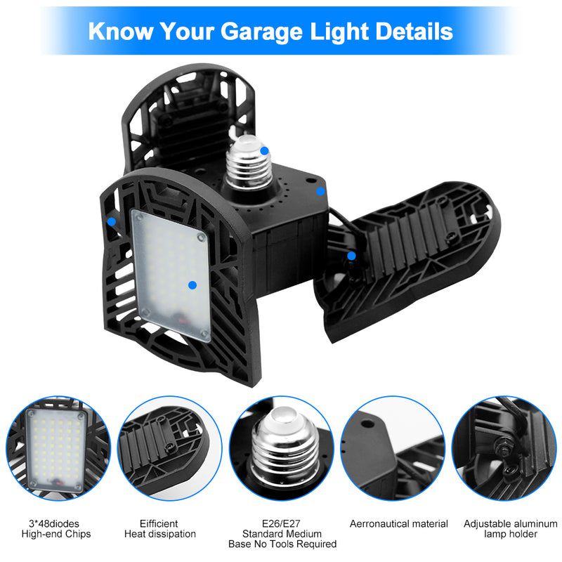 LED Garage Light 60W CRI 80 6000LM 6000K Deformable E26/E27 Base LED Ceiling Light for Garage