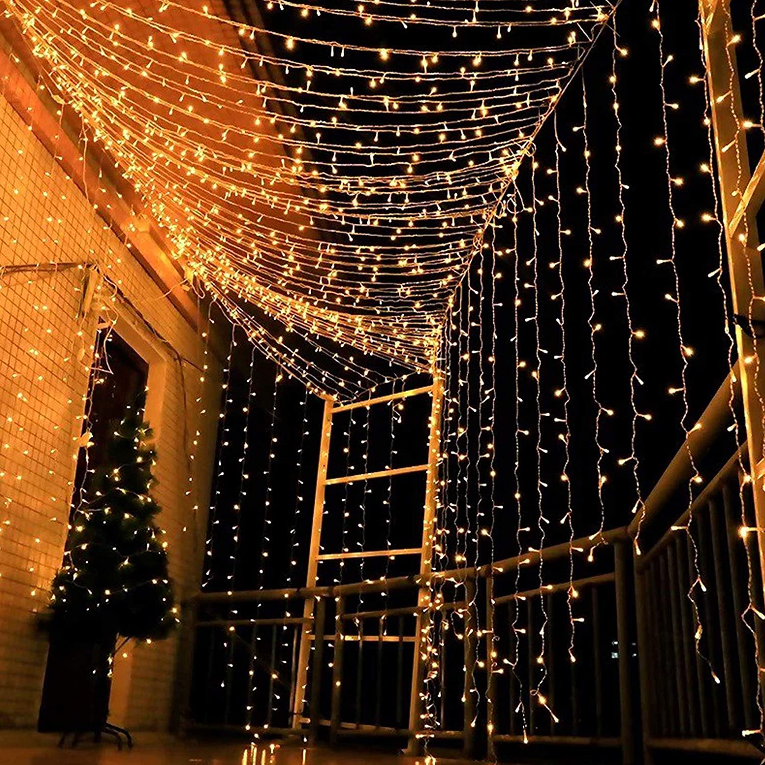 2PCS Pack of Curtain String Lights, 300 LED 9.8ft x 9.8ft 8 Lighting Modes Fairy Lights IP44 Certificated Plug in, Waterproof Lights for Christmas Party Wedding Outdoor Indoor Wall Deco