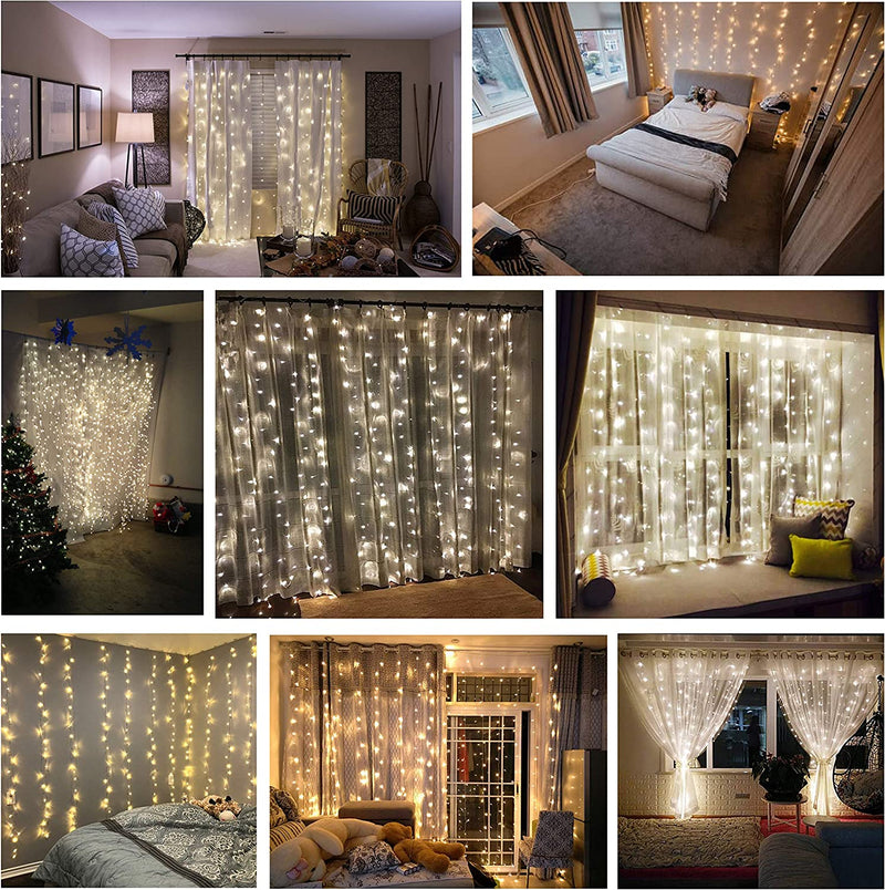2PCS Pack of Curtain String Lights, 300 LED 9.8ft x 9.8ft 8 Lighting Modes Fairy Lights IP44 Certificated Plug in, Waterproof Lights for Christmas Party Wedding Outdoor Indoor Wall Deco