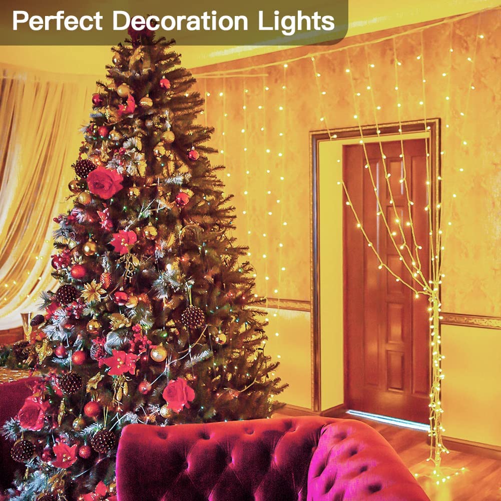 300 LED Curtain Lights 9.8FT by 9.8FT, 8 Lighting Modes Warm White Window Curtain String Lights with Remote USB Powered, Home Party Christmas Bedroom Indoor Outdoor Decor