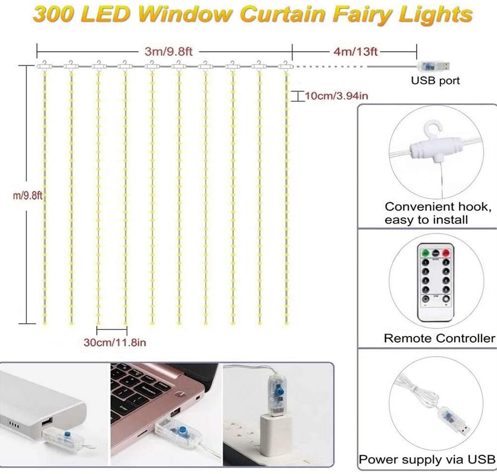 300 LED Curtain Lights 9.8FT by 9.8FT, 8 Lighting Modes Multi-color Window Curtain String Lights with Remote USB Powered, Home Party Christmas Bedroom Indoor Outdoor Decor