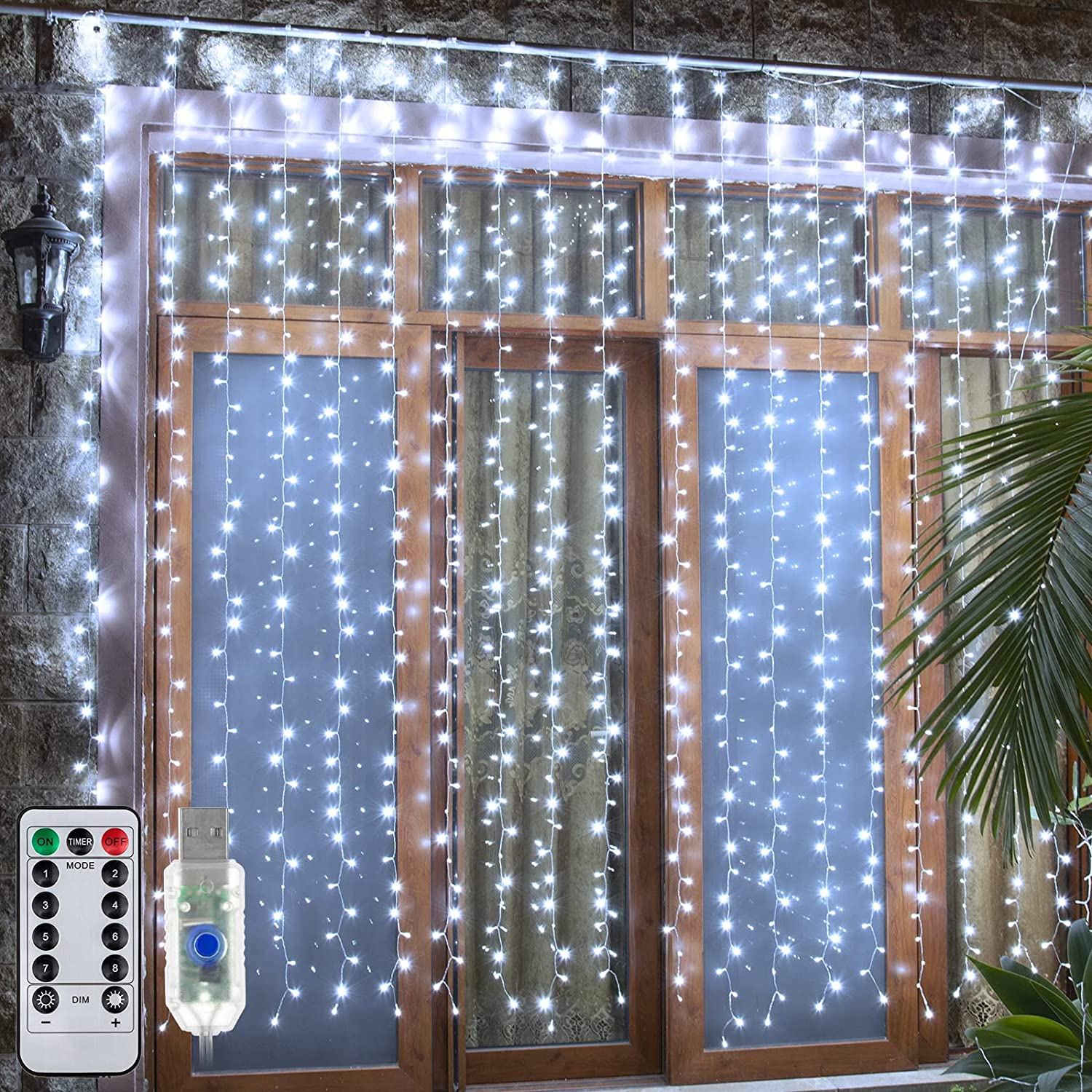 300 LED Curtain Lights 9.8FT by 9.8FT, 8 Lighting Modes White Color Window Curtain String Lights with Remote USB Powered, Home Party Christmas Indoor Outdoor Decor