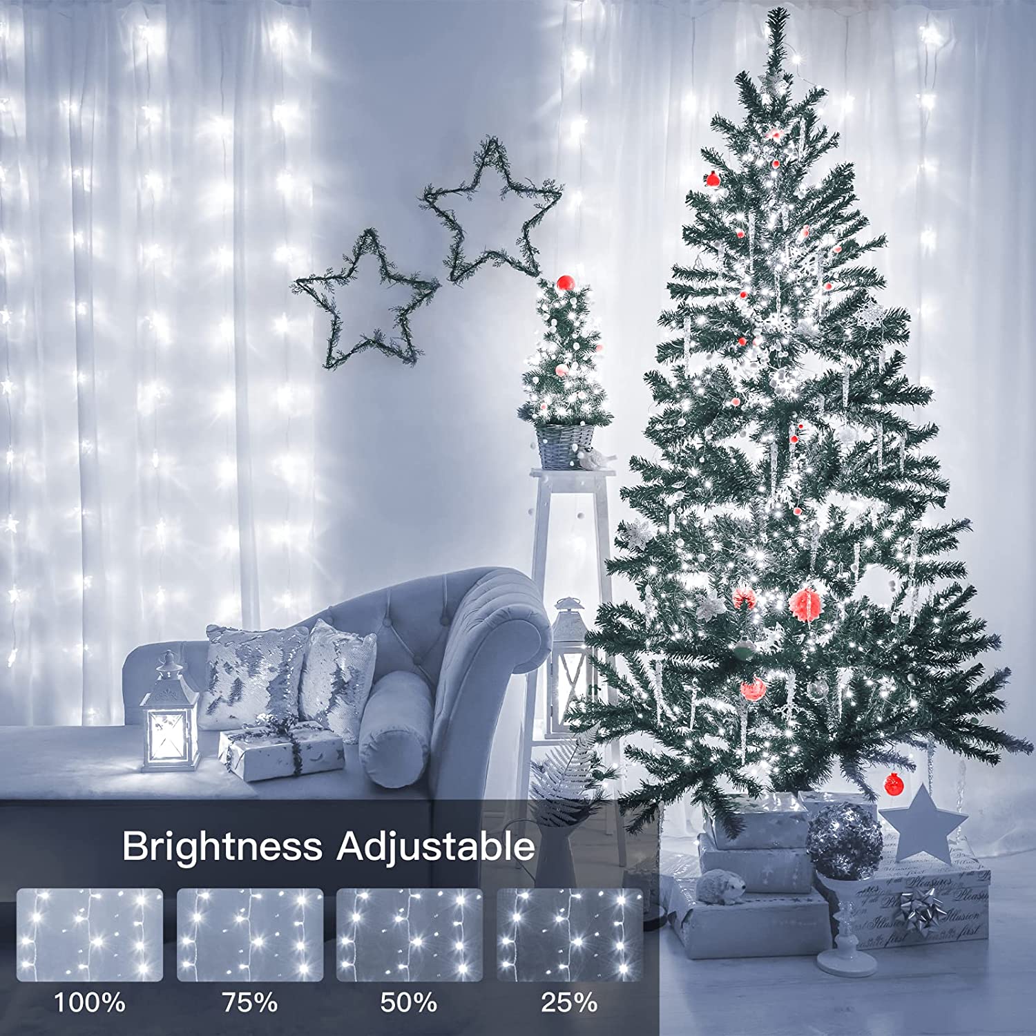 300 LED Curtain Lights 9.8FT by 9.8FT, 8 Lighting Modes White Color Window Curtain String Lights with Remote USB Powered, Home Party Christmas Indoor Outdoor Decor