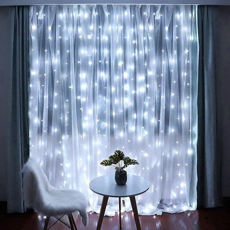 300 LED Curtain Lights 9.8FT by 9.8FT, 8 Lighting Modes White Color Window Curtain String Lights with Remote USB Powered, Home Party Christmas Indoor Outdoor Decor