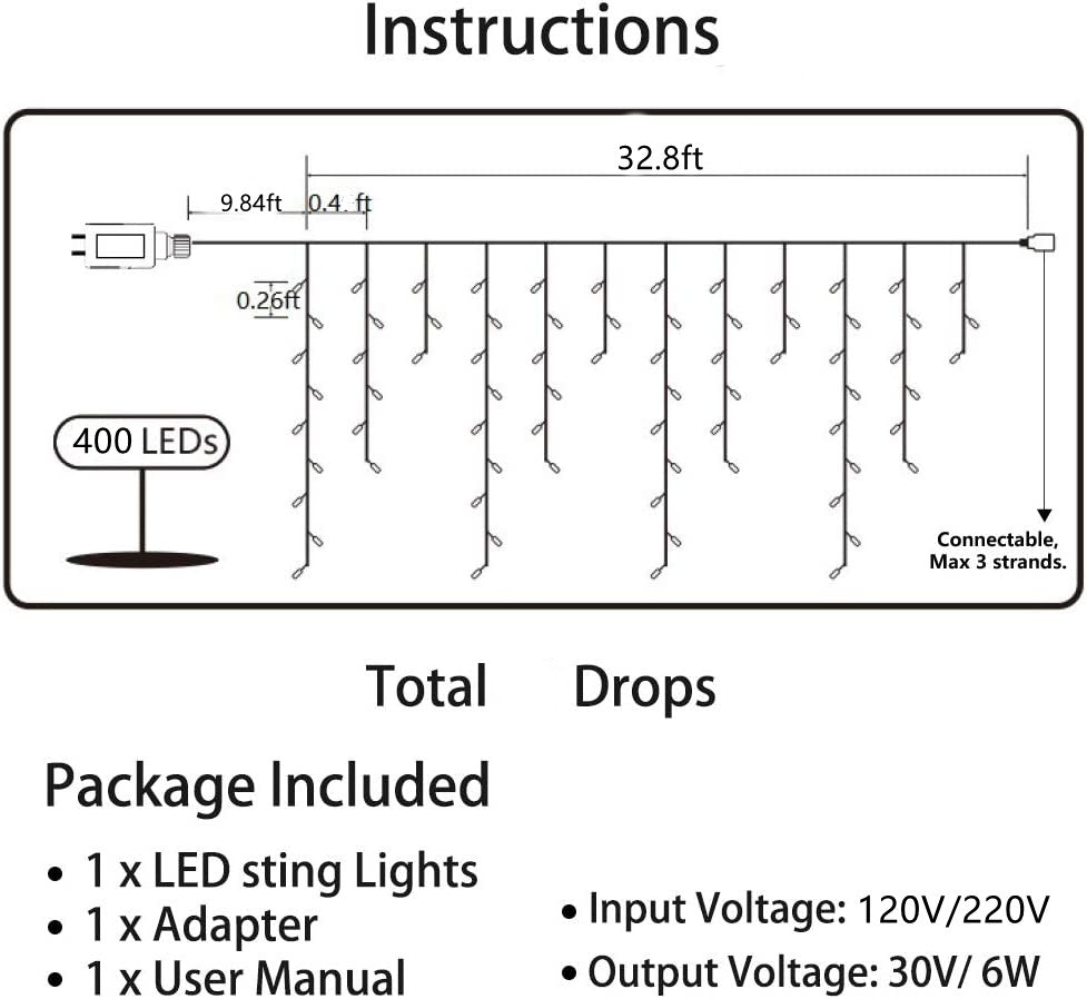 2PCS Pack of Christmas Icicle Lights Outdoor, 400 LEDs 32.8ft 8 Modes Fairy Icicle String Lights with 75 Drops, LED Christmas Twinkle Lights for Holiday, Party, Wedding, Christmas Decorations