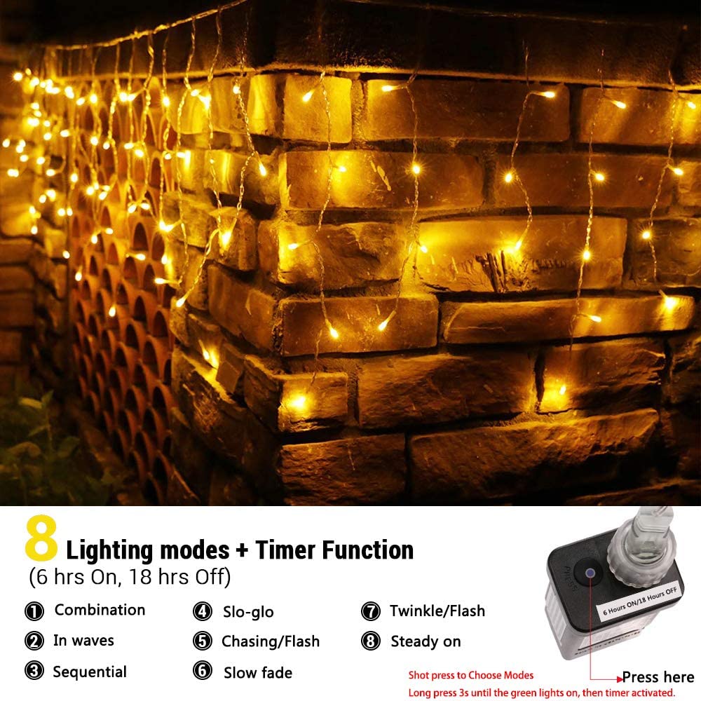2PCS Pack of Christmas Icicle Lights Outdoor, 400 LEDs 32.8ft 8 Modes Fairy Icicle String Lights with 75 Drops, LED Christmas Twinkle Lights for Holiday, Party, Wedding, Christmas Decorations