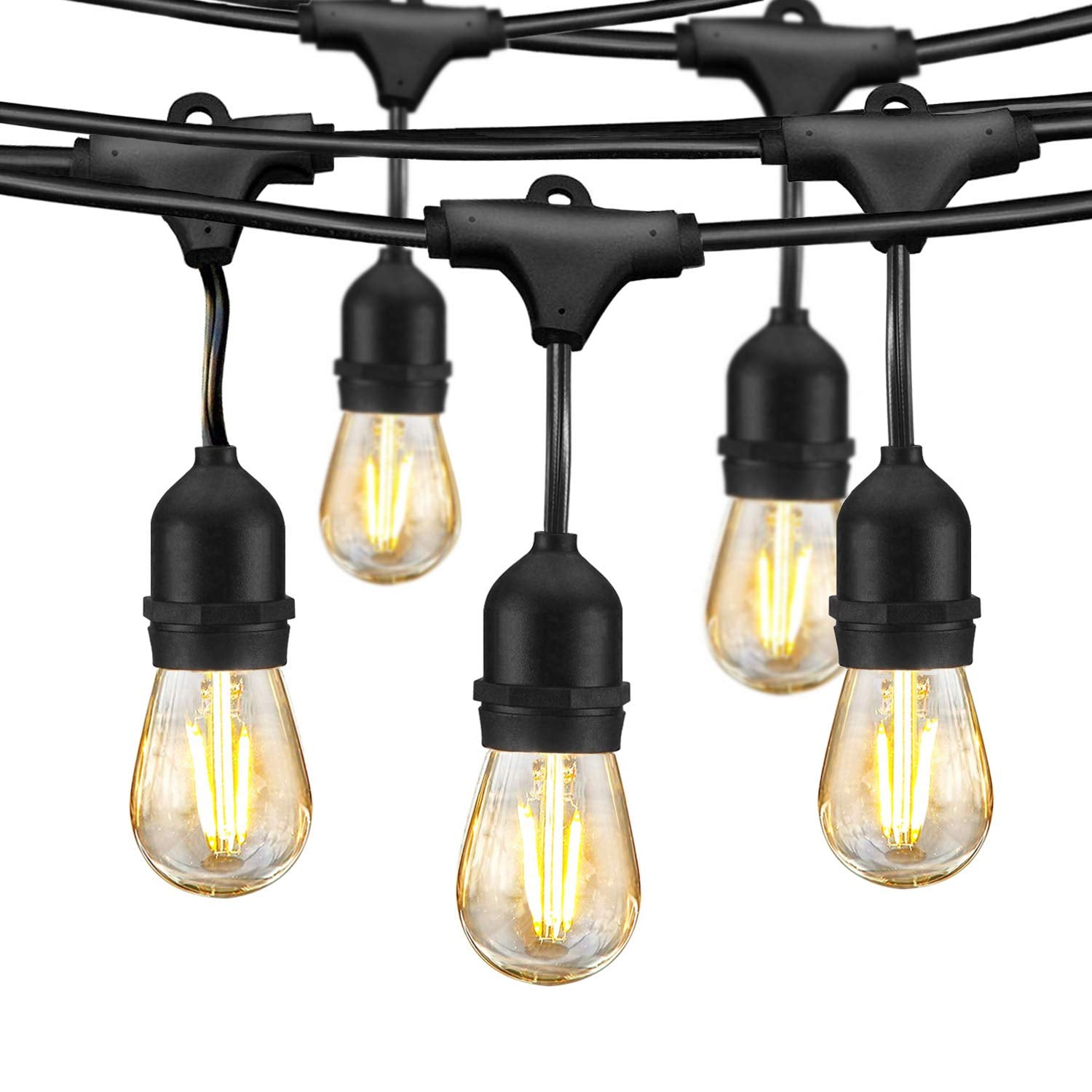 Dimmable Waterproof LED Outdoor String Lights - Hanging, 2W Edison Bulbs - 48Ft Commercial Lights for Decor for Patio, Backyard, Garden, Bistro S14 Black - Warm White, with Dimmer, Complete Led String Lights Kit(2Pack-48FT And 1pcs Dimmer)