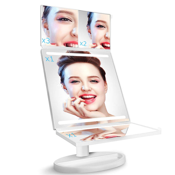Tri-Fold LED Makeup Mirror w/ 360° Rotation, 3x/2x Magnification, 32 LEDs, Touching Dimmer and Dual Power Supply for Lighted Vanity Mirror